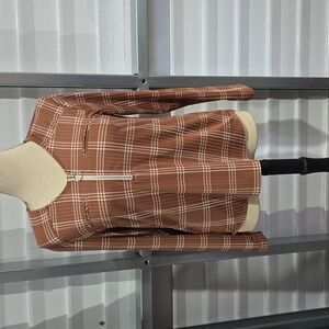 Love Potion Elegant Brown Plaid Blouse with Zip Detail Size Medium
